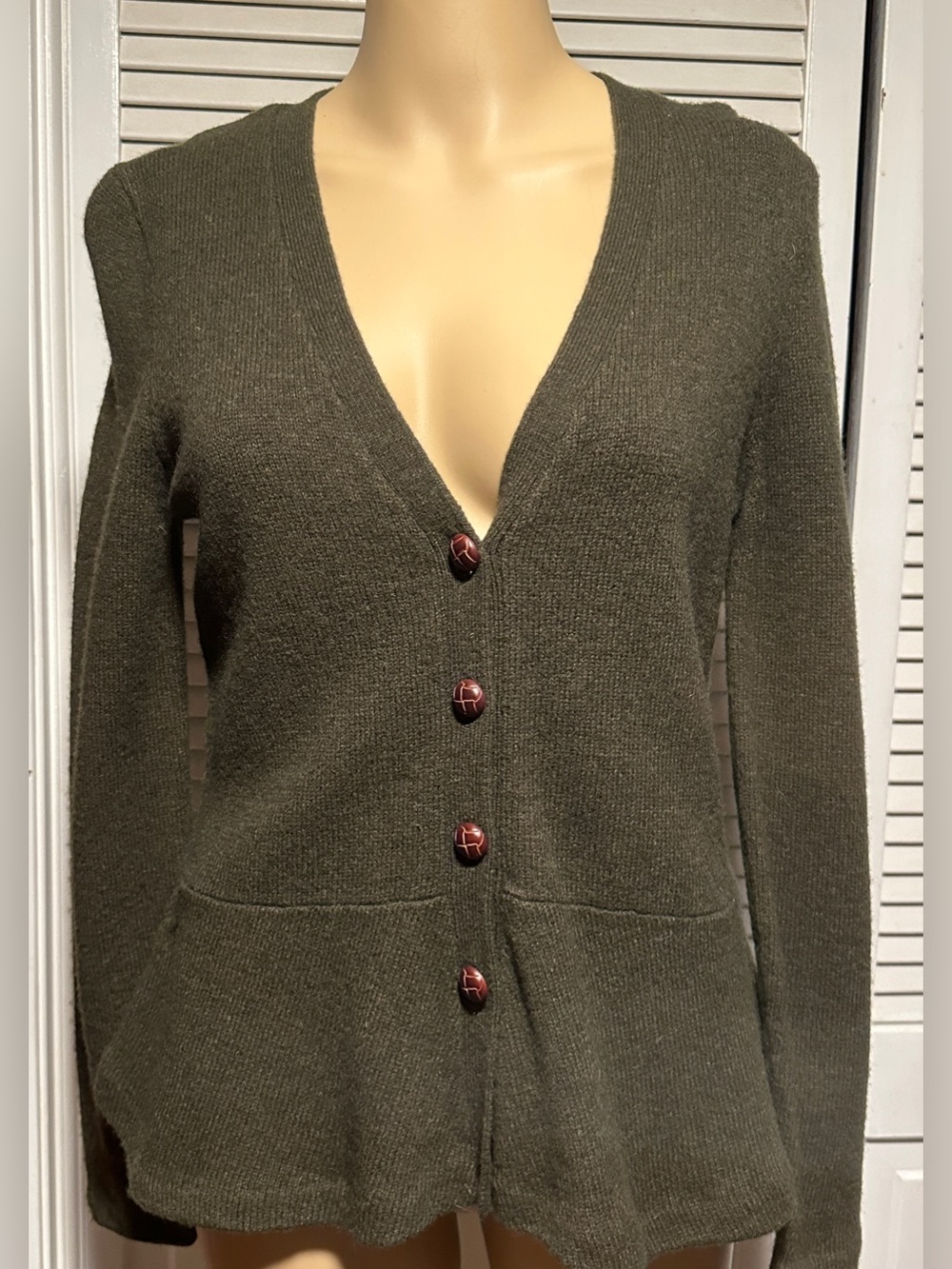 NWT Chaps Lambs Wool Peplum Button Cardigan Sweater Harvard Olive Women’s S